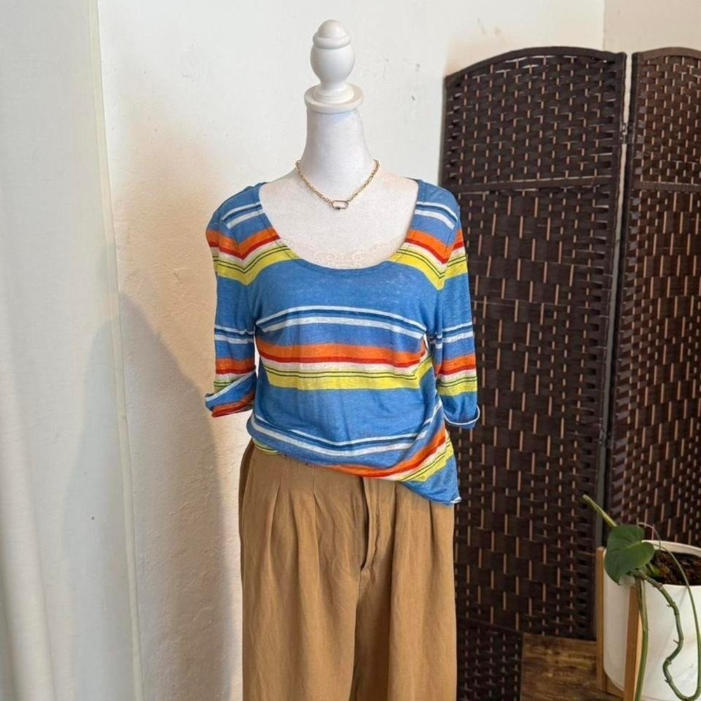 Ralph Lauren Women's Blue Orange Striped Top Crew Neck Size PM
